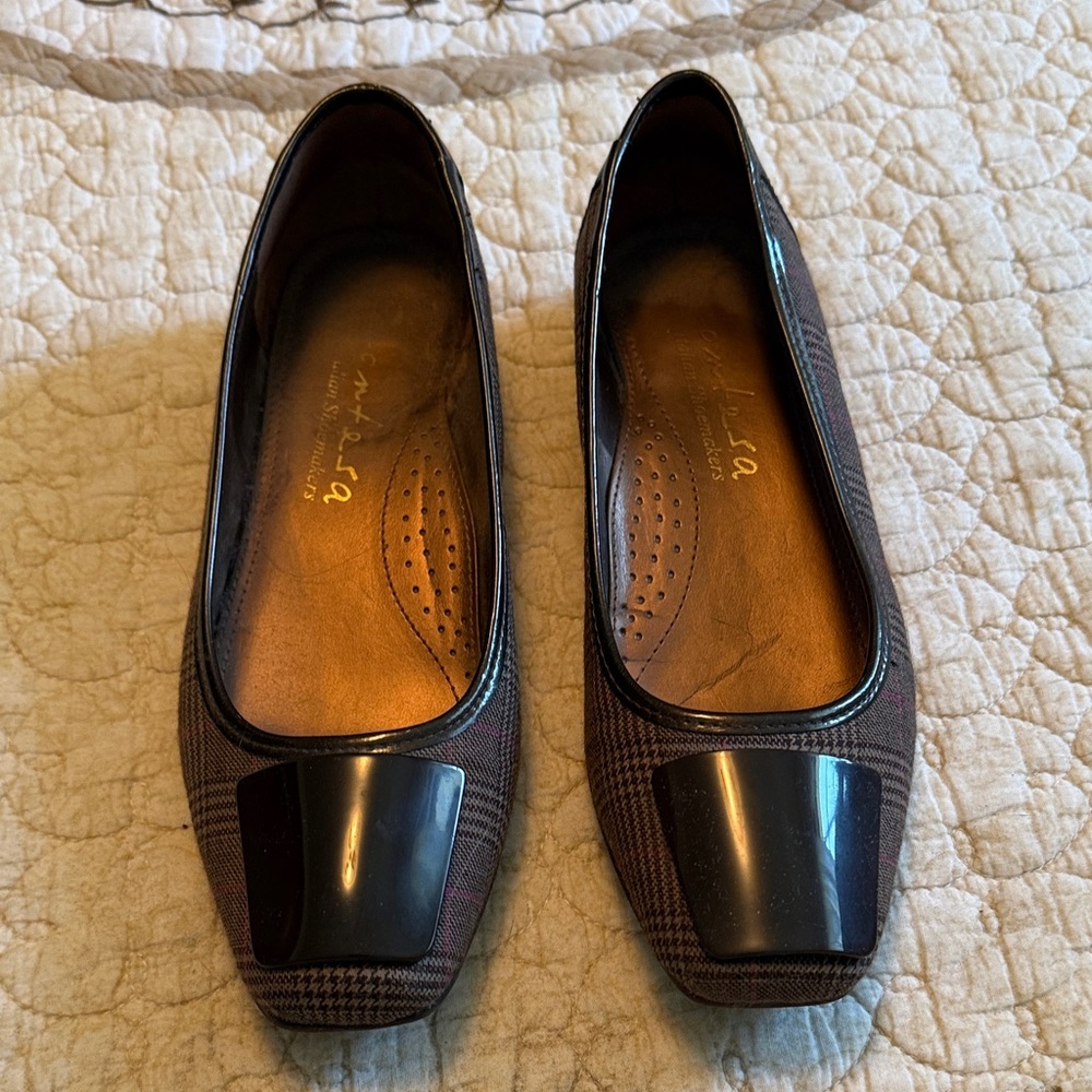 Ara Brown Plaid Flats with Black Patent Toe Caps